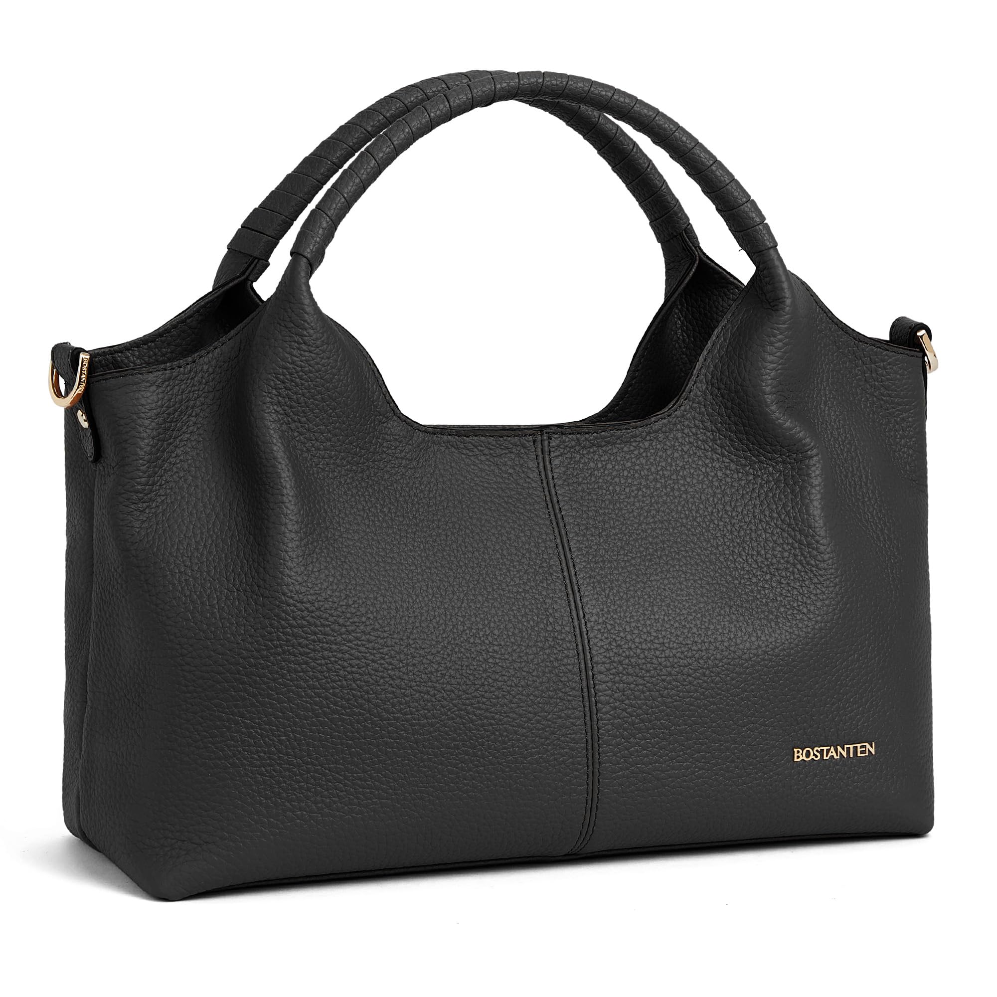 Black textured leather handbag with curved handles and gold accents.