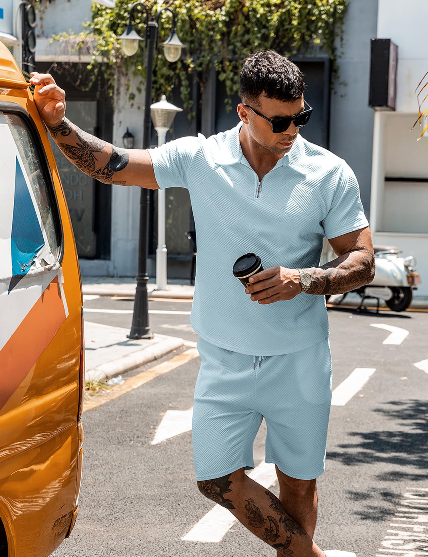 URRU Men's 2-Piece 3D Textured Polo & Shorts Set