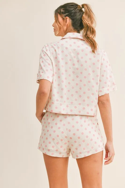 MABLE Polka Dot Collar Crop Top and Short Lounge Set - Sleepwear by Trendsi | Available at Handbags Specialist Headquarter
