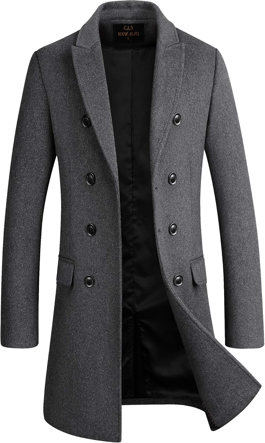 Gray double-breasted coat with black buttons, notched lapels, and two front pockets.