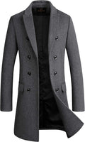 Gray double-breasted coat with black buttons, notched lapels, and two front pockets.