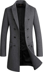 Gray double-breasted coat with black buttons, notched lapels, and two front pockets.
