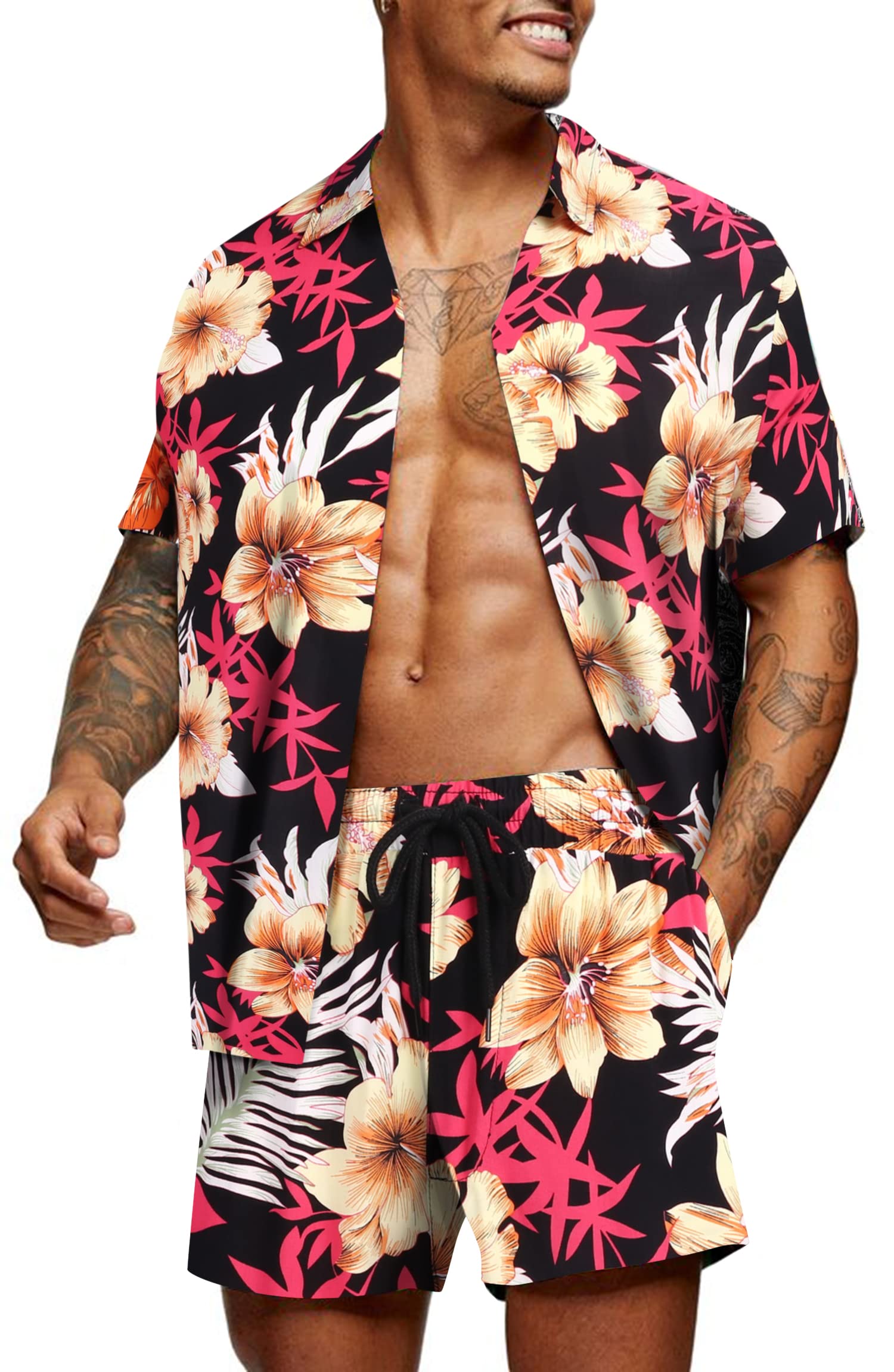 COOFANDY Men's Hawaiian 2 Piece Beach Outfit Set