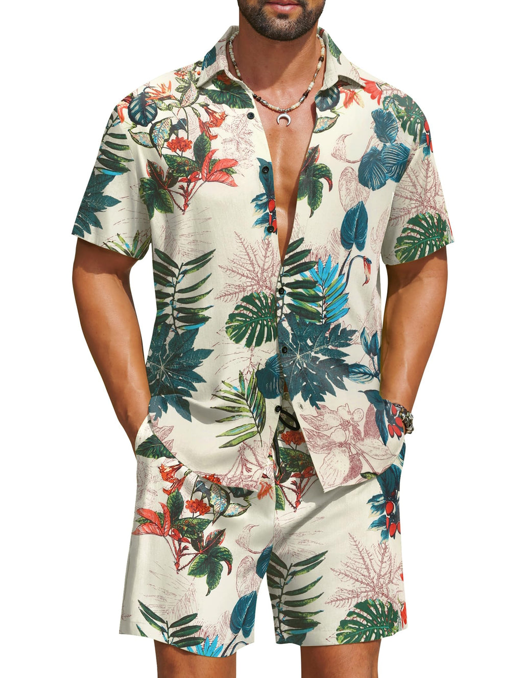 COOFANDY Men's Hawaiian 2 Piece Beach Outfit Set