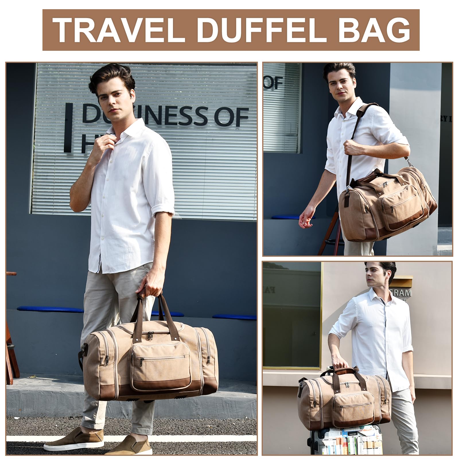 50L/60L Canvas Duffel - Multi-Pocket Travel Bag
