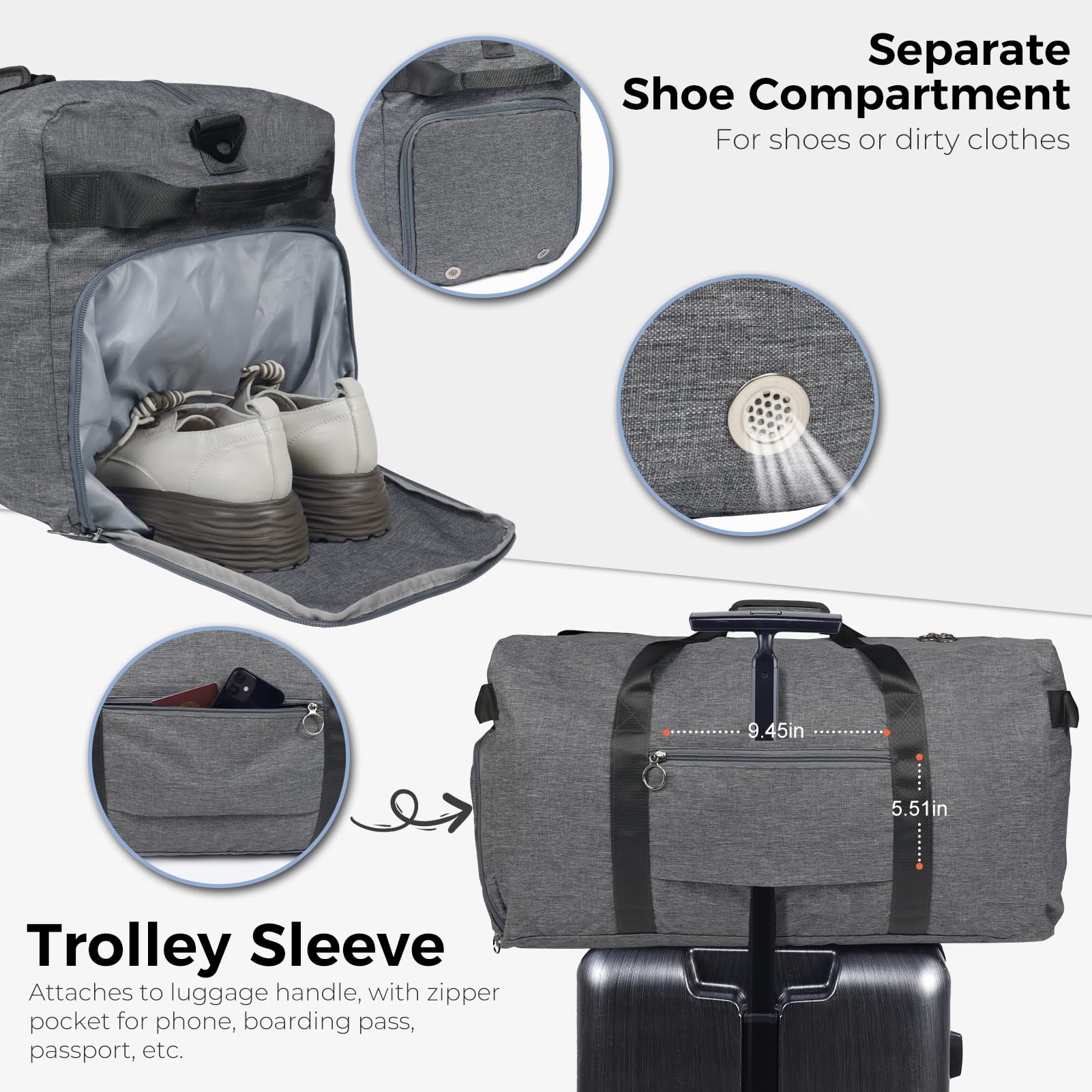 Foldable 65L Duffle Bag with Shoe Compartment