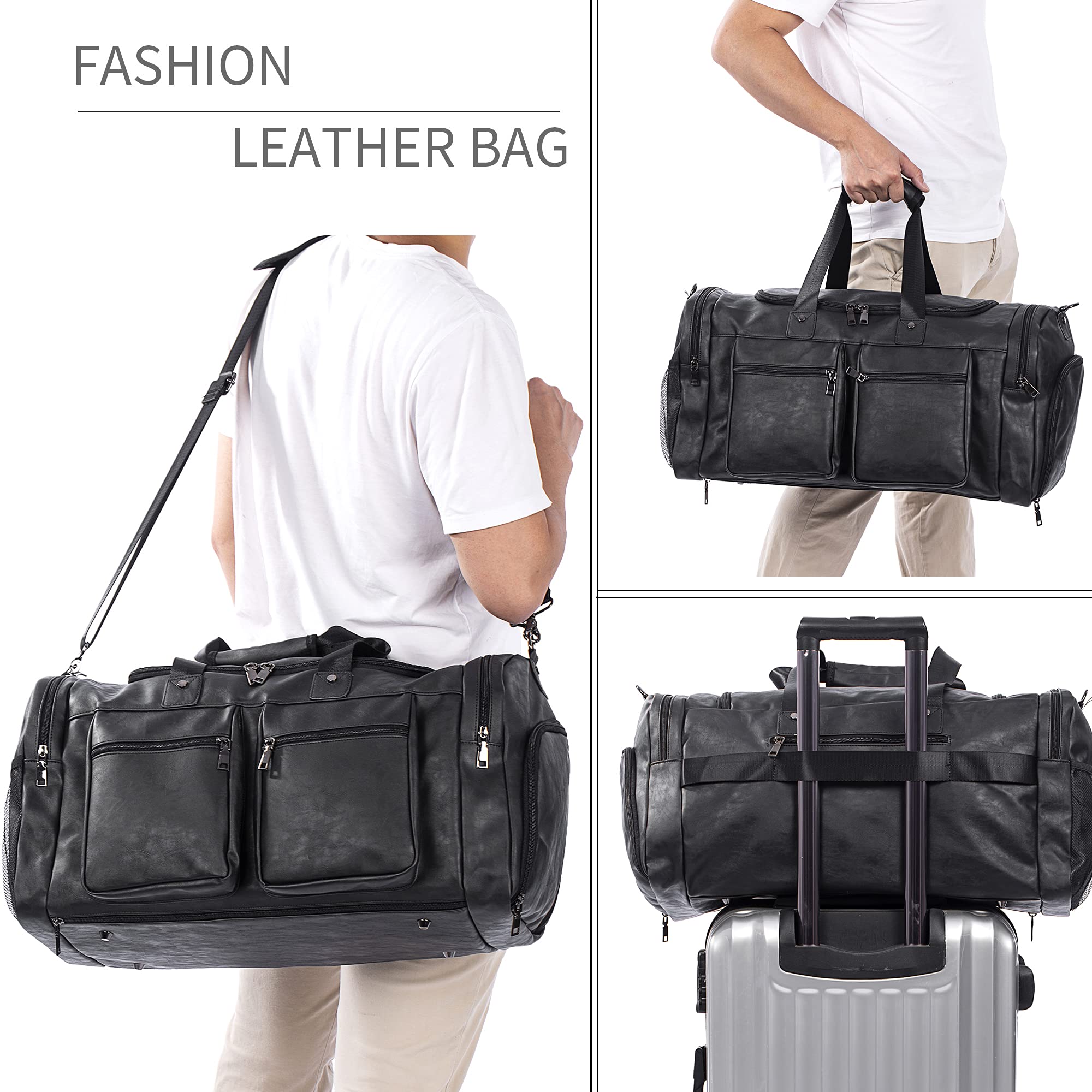 Leather Travel Bag with Shoe Pouch, Brown