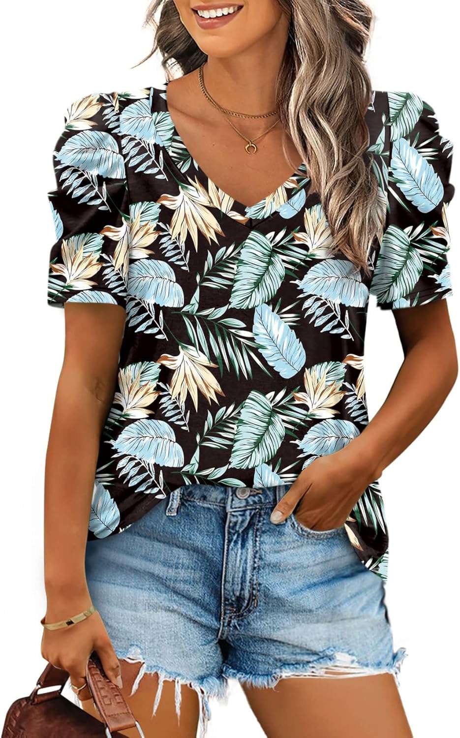 XIEERDUO Summer V-Neck Puff Sleeve Tee - All Sizes - Women's T Shirts by Handbags Specialist Headquarter | Available at Handbags Specialist Headquarter