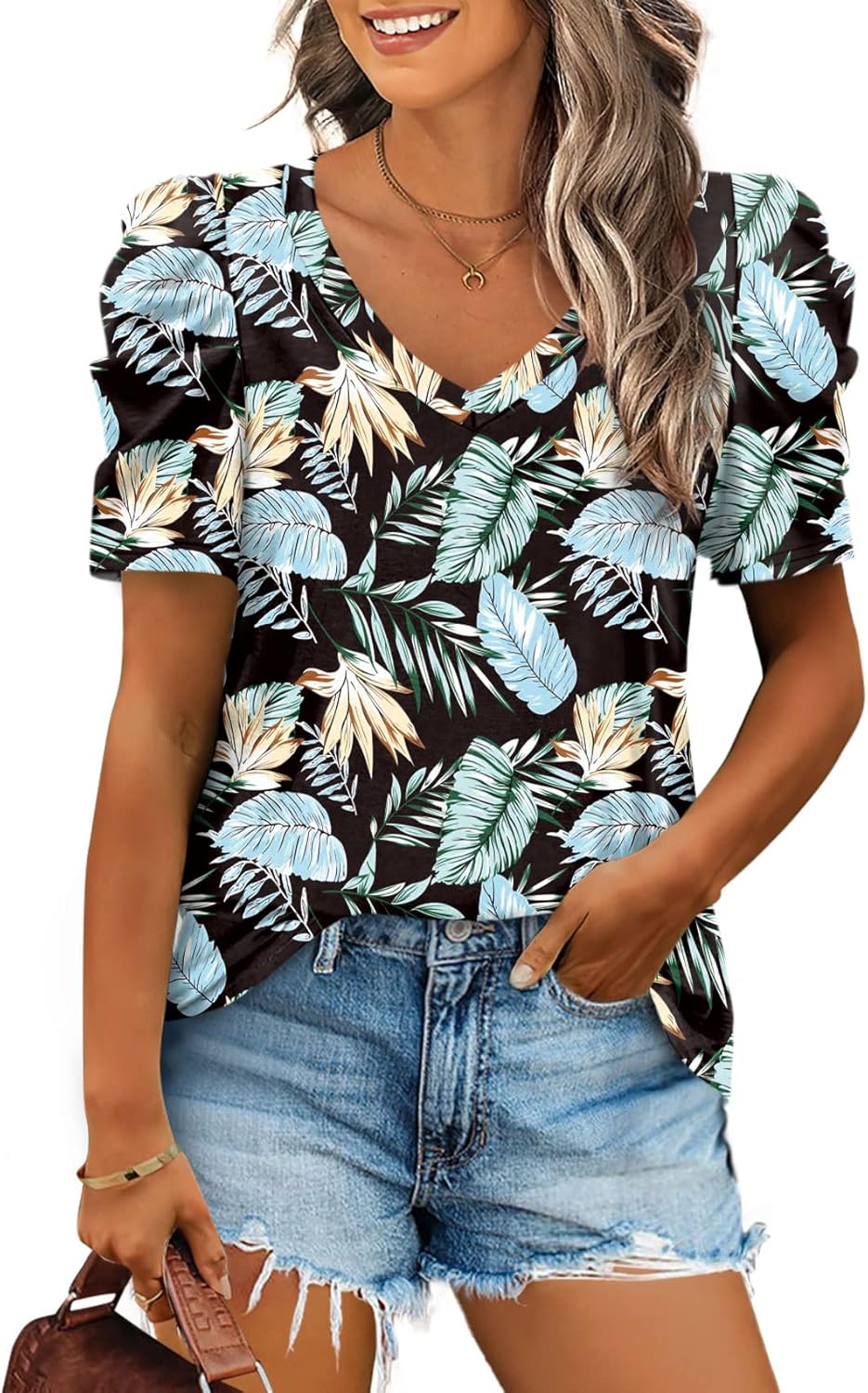 XIEERDUO Summer V-Neck Puff Sleeve Tee - All Sizes - Women's T Shirts by Handbags Specialist Headquarter | Available at Handbags Specialist Headquarter