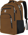Brown backpack with black zippers, multiple compartments, and a mesh side pocket.
