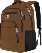 Brown backpack with black zippers, multiple compartments, and a mesh side pocket.