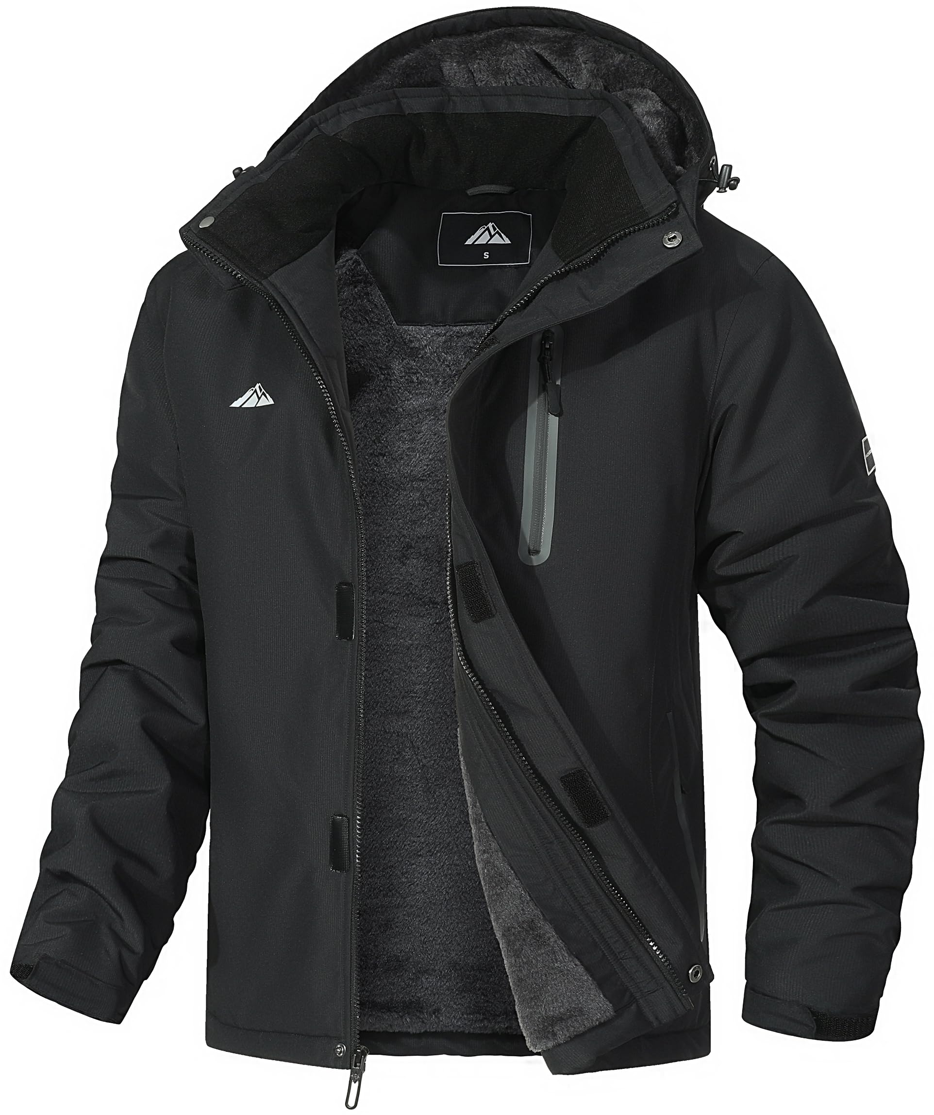 Black hooded jacket with front zipper, logo on chest, and multiple pockets.