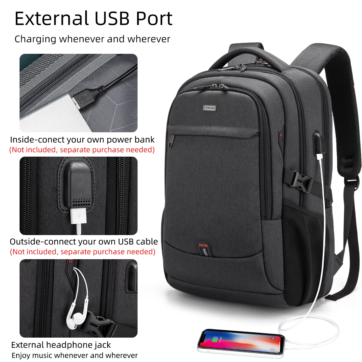 DUSLANG Travel Laptop Backpack with USB Port - Black - Backpack Bags by Handbags Specialist Headquarter | Available at Handbags Specialist Headquarter