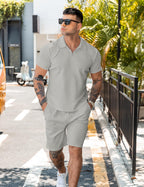 URRU Men's 2-Piece 3D Textured Polo & Shorts Set