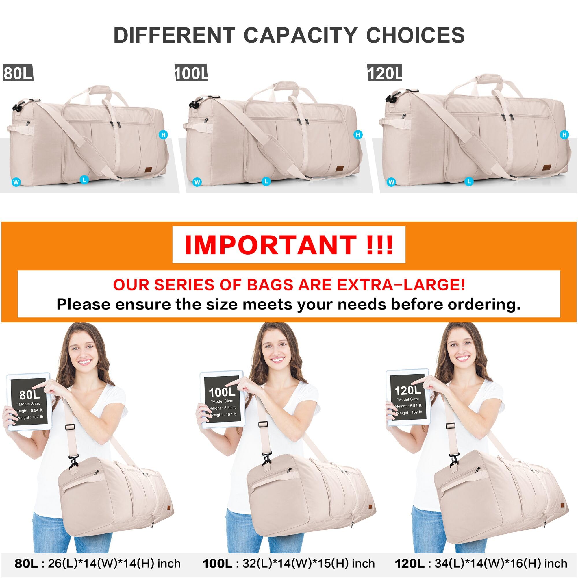 120L Foldable Waterproof Travel Duffel Bag with Shoe Compartment