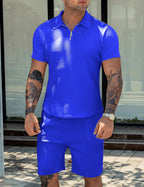 URRU Men's 2-Piece 3D Textured Polo & Shorts Set