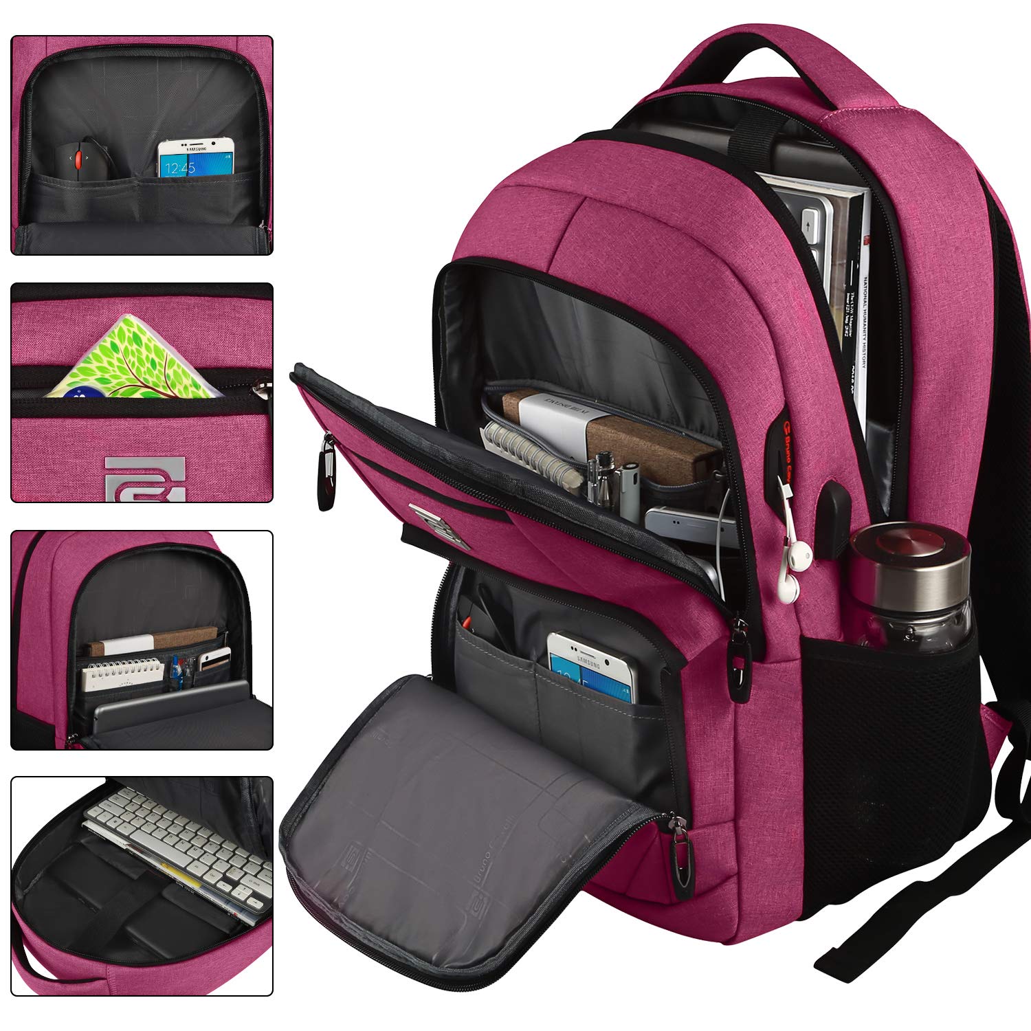 Volher Anti-Theft USB Laptop Backpack - Rose Red