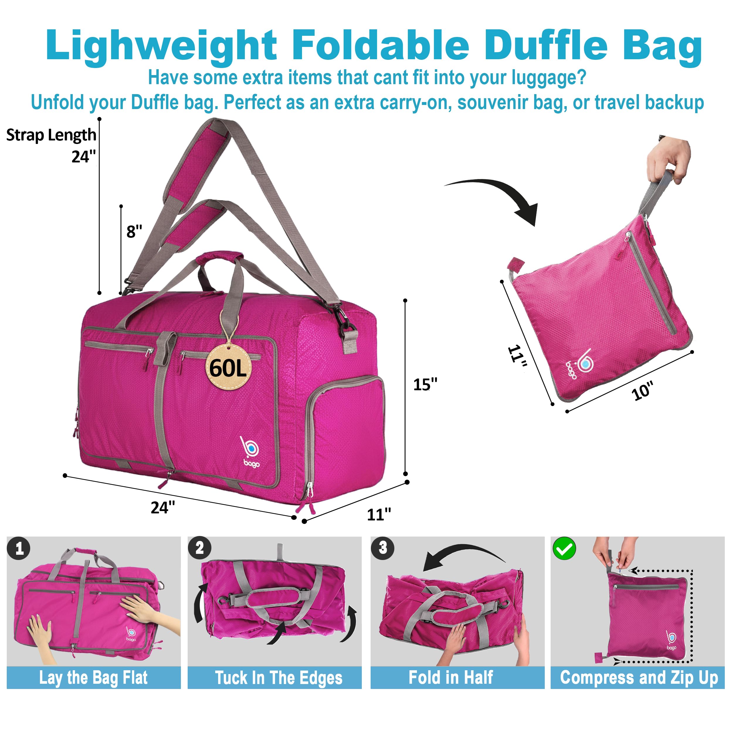 Bago 60L Foldable Travel Duffle Bag with Shoe Compartment