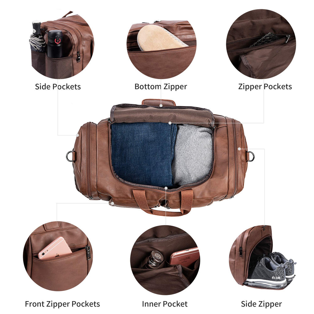 Leather Travel Bag with Shoe Pouch, Brown