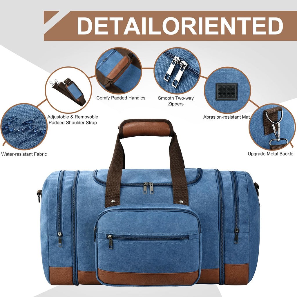 50L/60L Canvas Duffel - Multi-Pocket Travel Bag