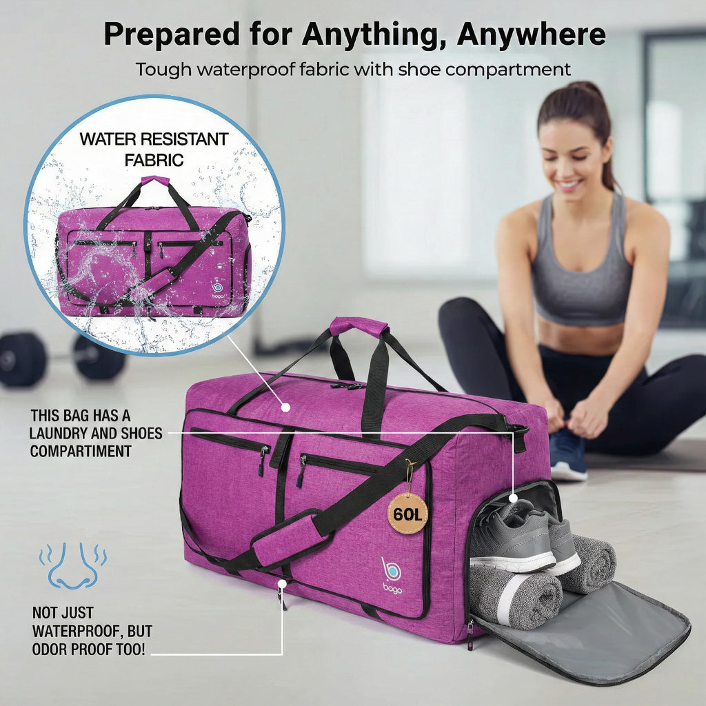 Bago 60L Foldable Travel Duffle Bag with Shoe Compartment