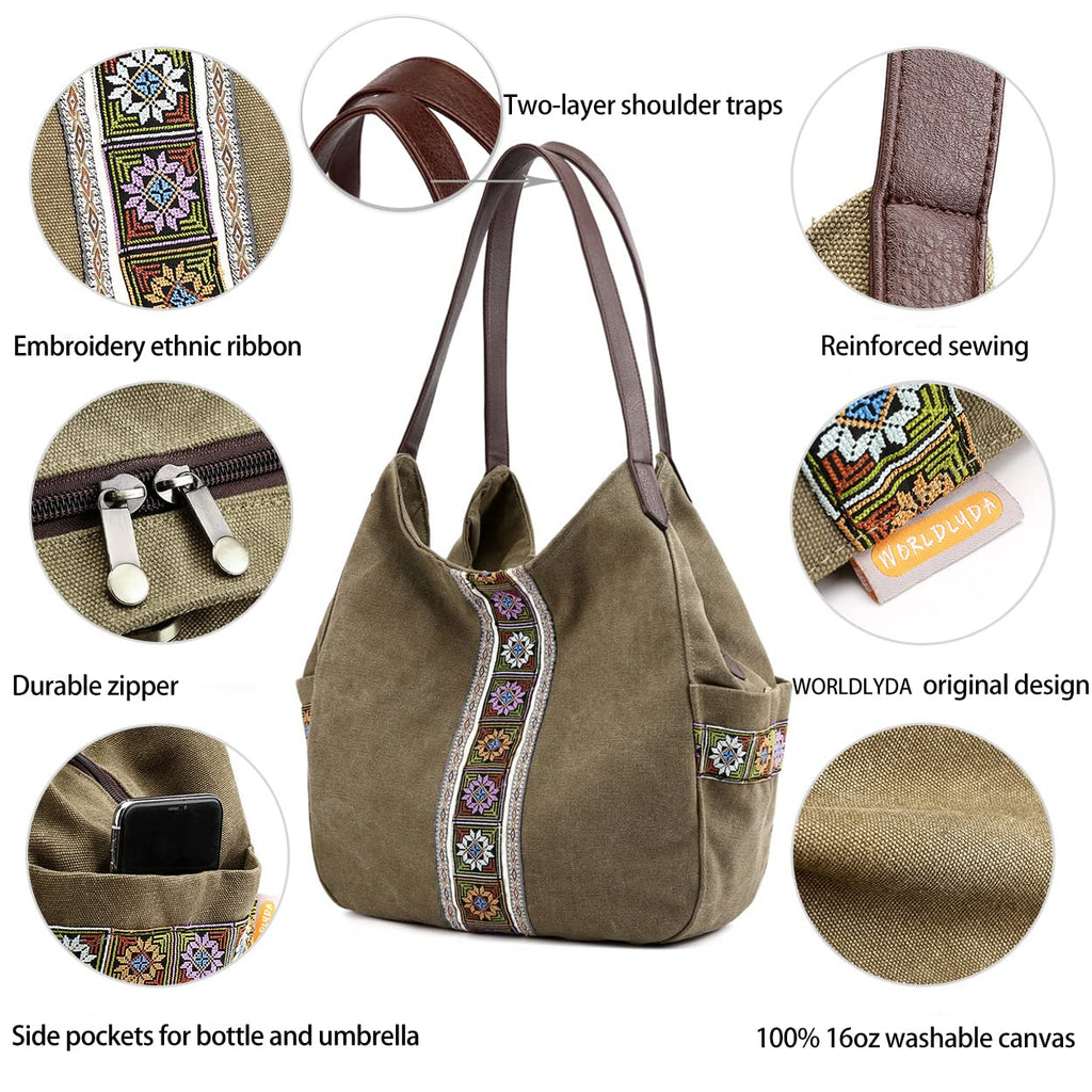 Worldlyda Women Canvas Embroidered Hobo Tote Bag