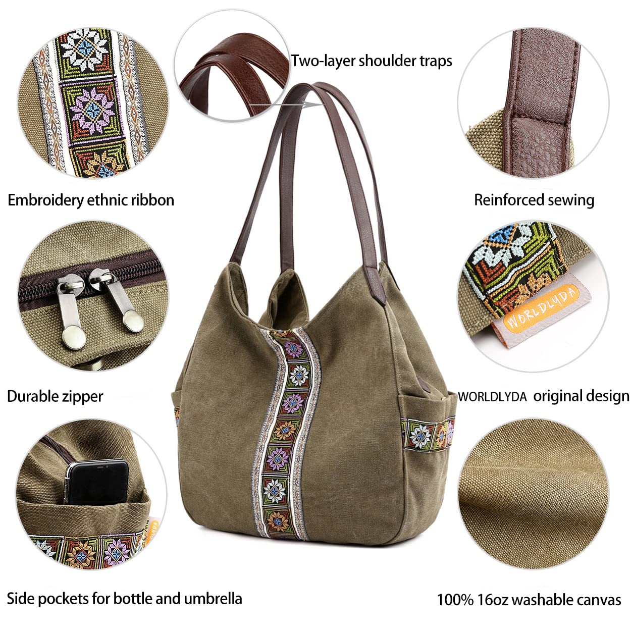 Worldlyda Women Canvas Embroidered Hobo Tote Bag