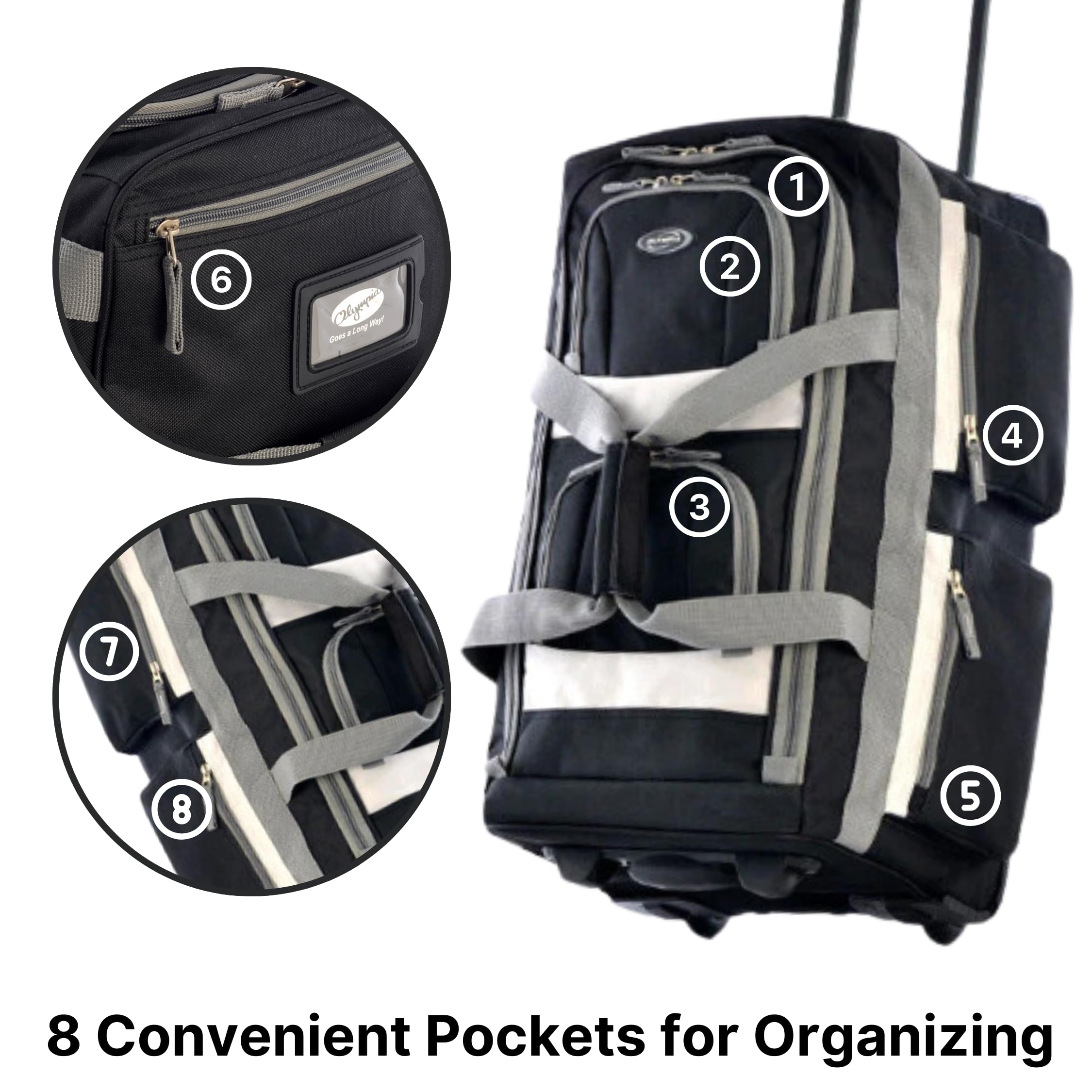 Olympia 22 Max Wheeled Duffel: 8-Pocket Water-Resist -  by Handbags Specialist Headquarter | Available at Handbags Specialist Headquarter