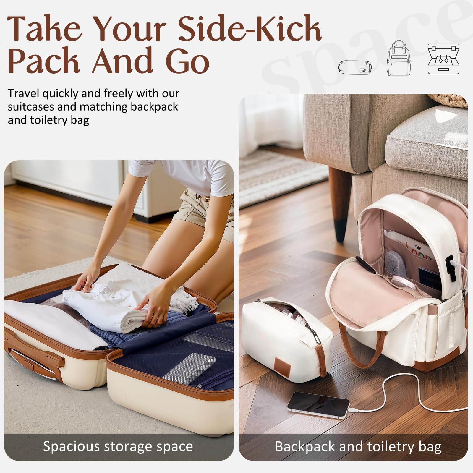 Coolife 3-Piece Hardside Luggage Set - Apricot White