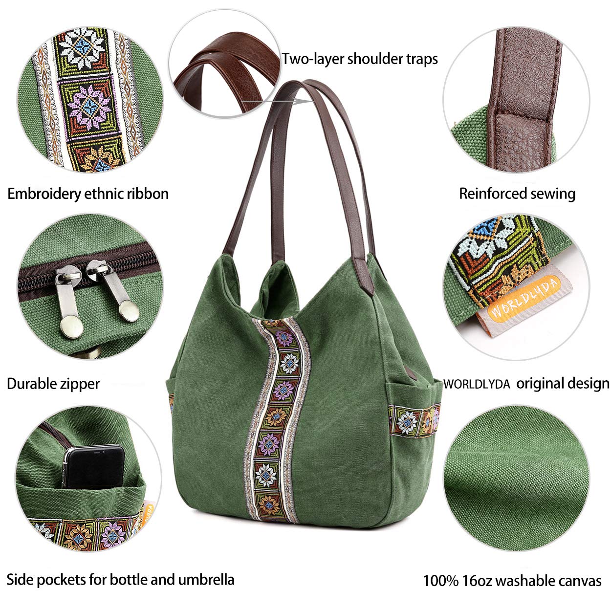 Worldlyda Women Canvas Embroidered Hobo Tote Bag