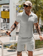 URRU Men's 2-Piece 3D Textured Polo & Shorts Set