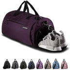Purple gym bag with black straps, side shoe pocket, and various color options displayed below.