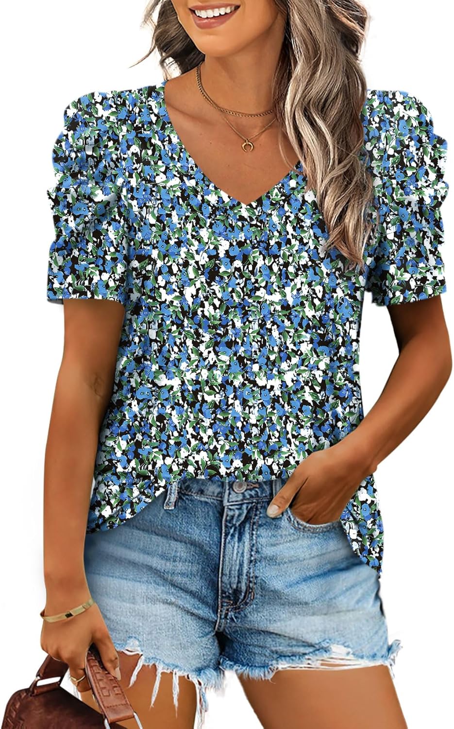 XIEERDUO Summer V-Neck Puff Sleeve Tee - All Sizes - Women's T Shirts by Handbags Specialist Headquarter | Available at Handbags Specialist Headquarter