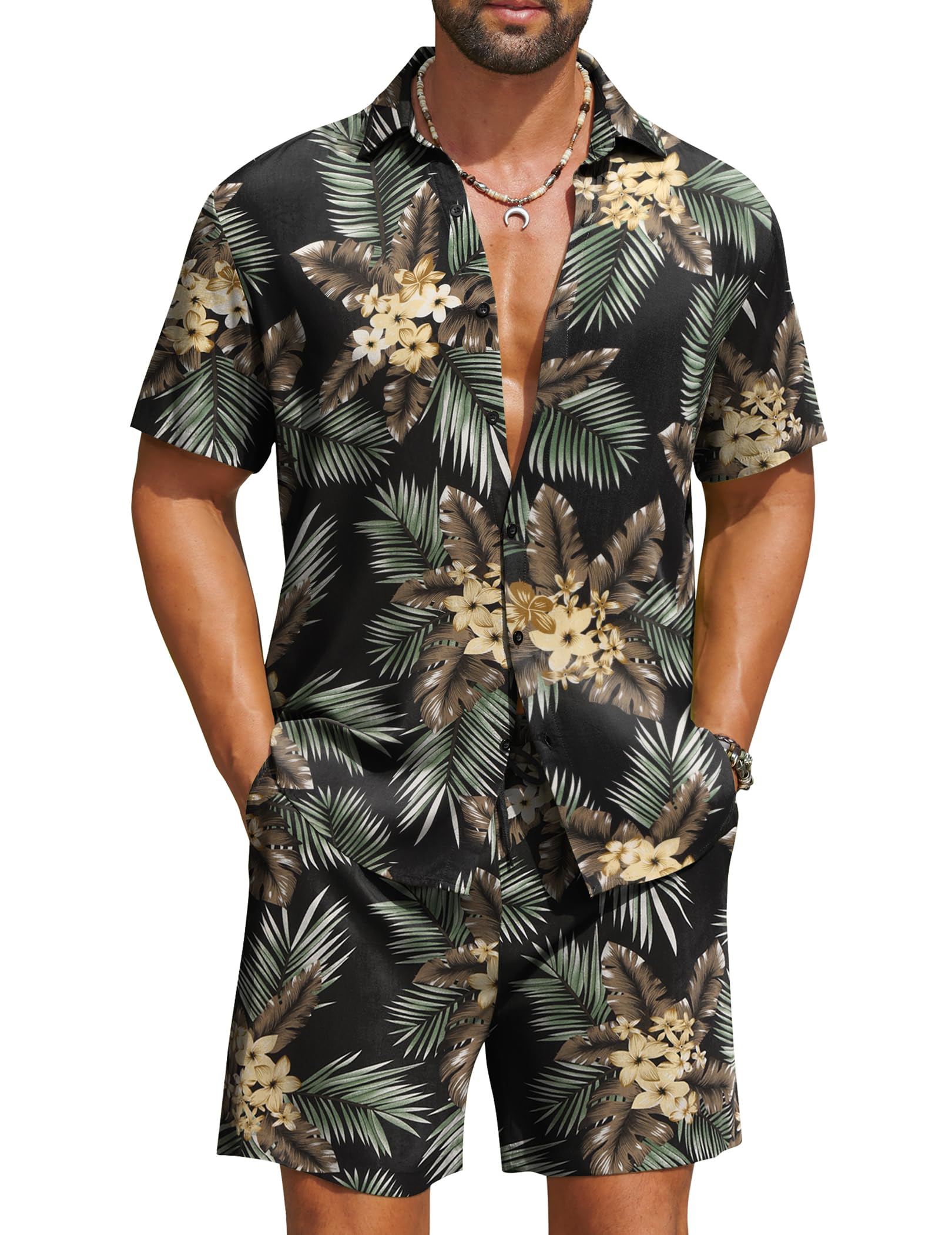 COOFANDY Men's Hawaiian 2 Piece Beach Outfit Set