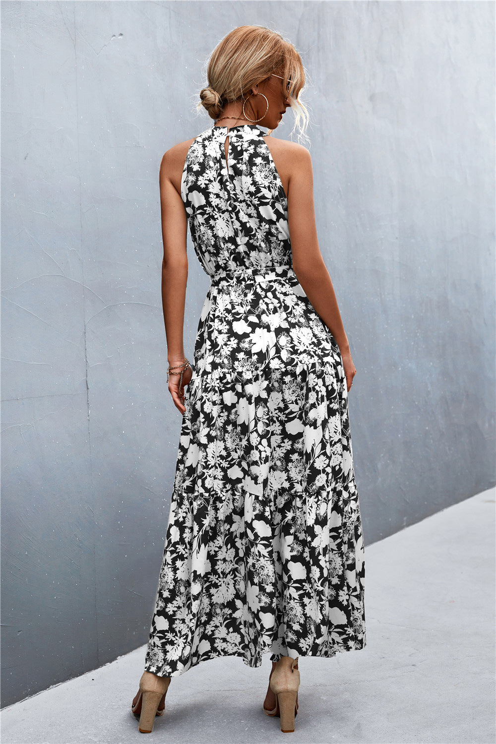 Printed Sleeveless Tie Waist Maxi Dress - Maxi Dress by Trendsi | Available at Handbags Specialist Headquarter