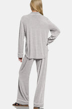 Zenana Button Down Long Sleeve Top and Pants Lounge Set - Sleepwear by Trendsi | Available at Handbags Specialist Headquarter