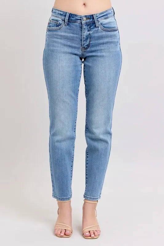 Judy Blue Full Size Mid Rise Vintage Wash Slim Jeans with Cell Phone Pocket Plus Size - Women / Jeans & Denim by Trendsi | Available at Handbags Specialist Headquarter