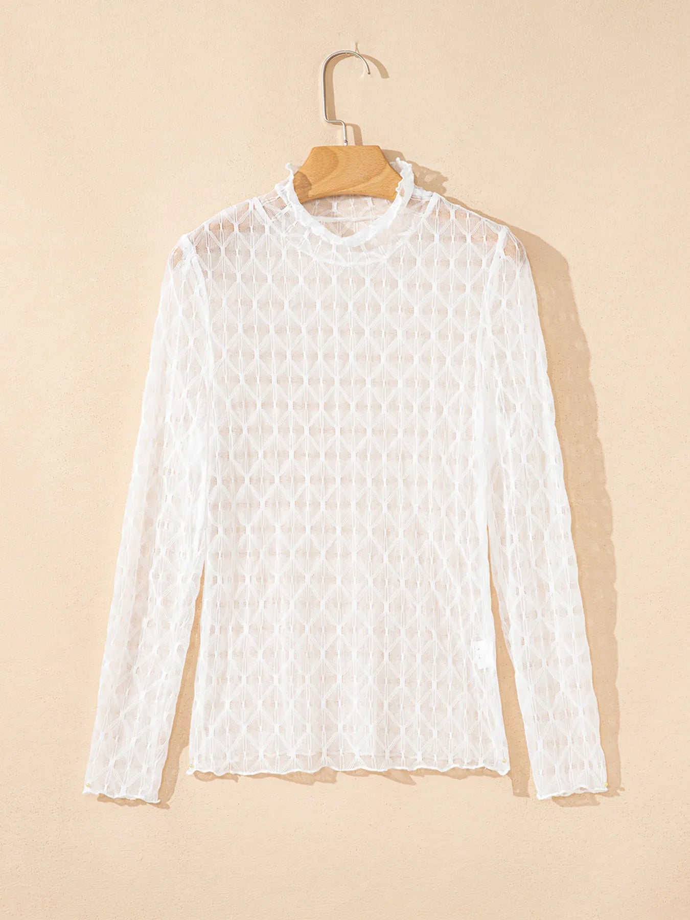 Sheer Mesh Patterned Lettuce Trim Slim Long Sleeve Top - Tops by Trendsi | Available at Handbags Specialist Headquarter