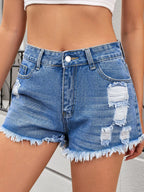 Distressed Raw Hem Denim Shorts - Women / Jeans & Denim by Trendsi | Available at Handbags Specialist Headquarter