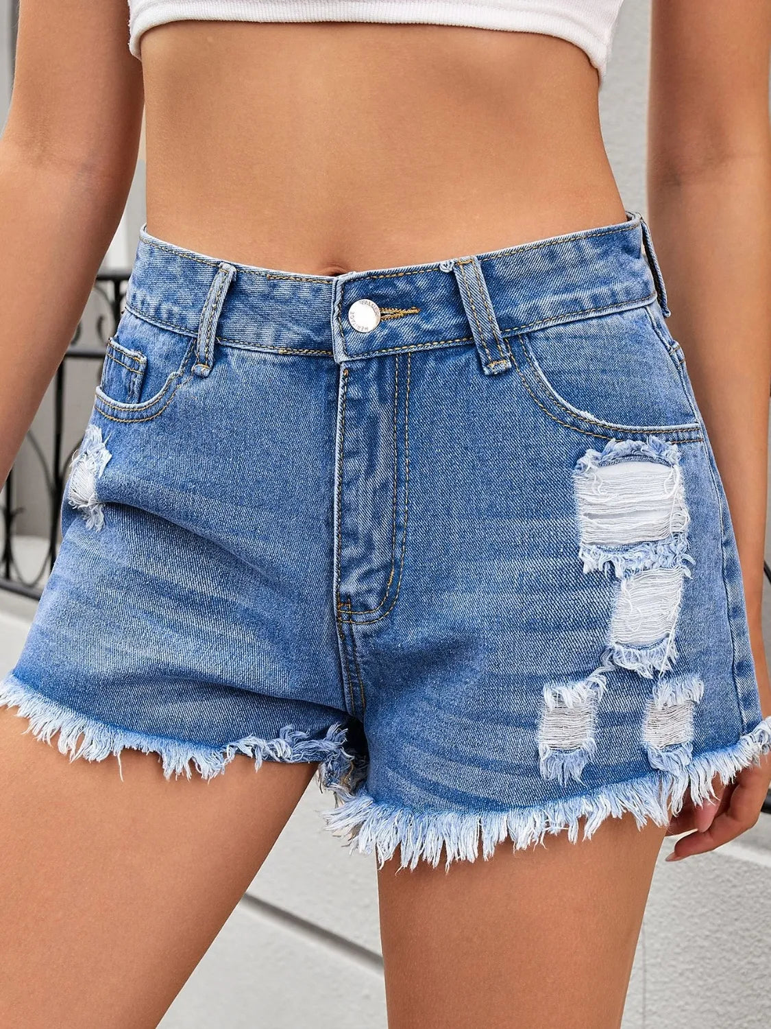 Distressed Raw Hem Denim Shorts - Women / Jeans & Denim by Trendsi | Available at Handbags Specialist Headquarter