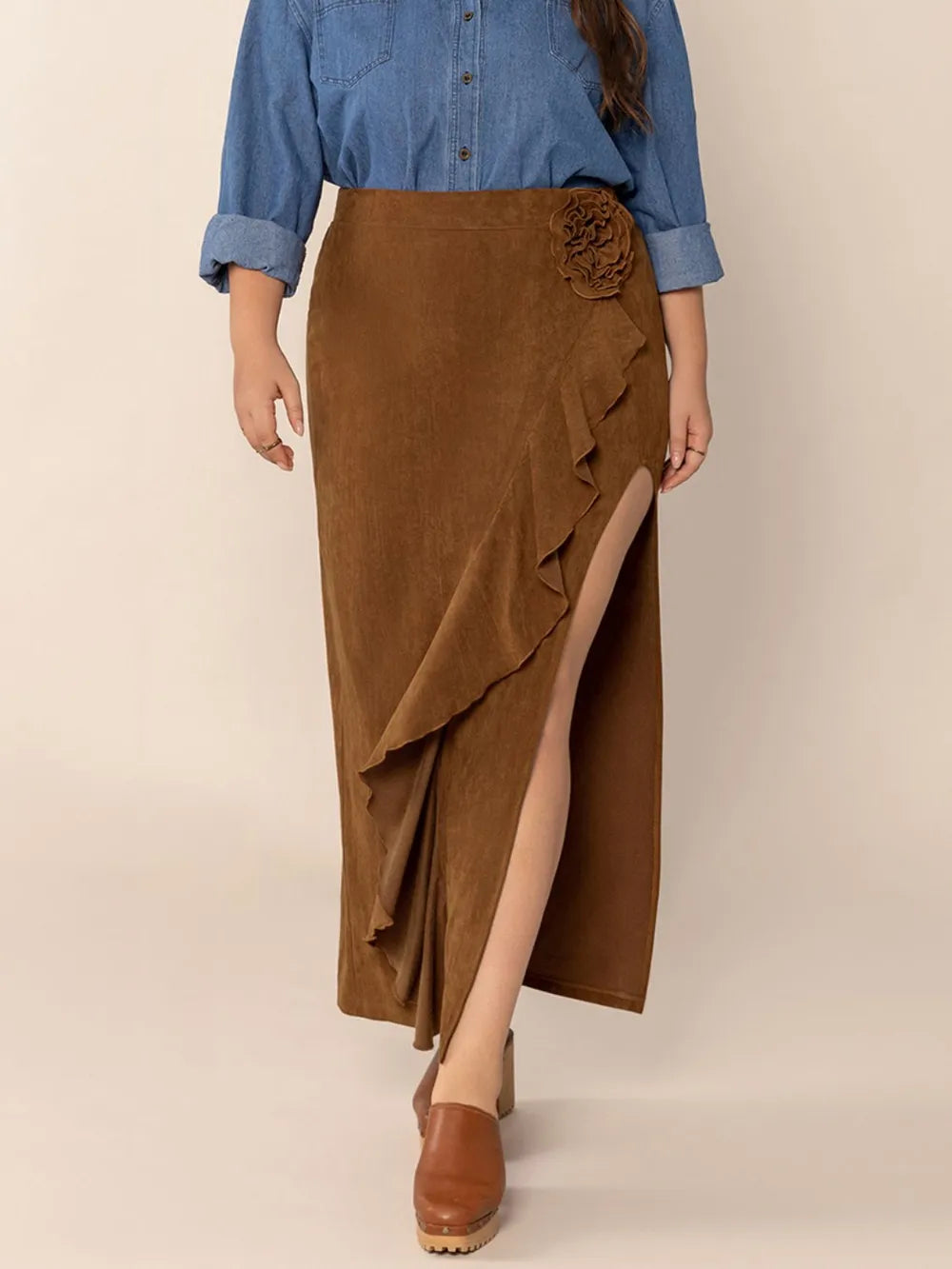 Plus Size Ruffled Slit High Rise Skirt -  by Trendsi | Available at Handbags Specialist Headquarter