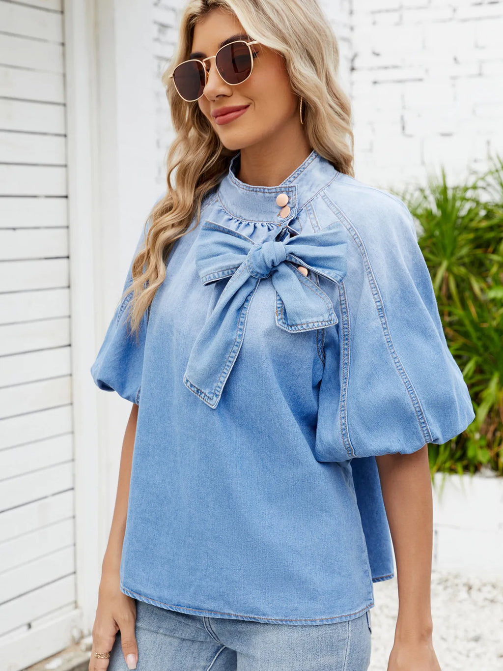 Denim Bow Tie Puff Sleeve Top - Tops by Trendsi | Available at Handbags Specialist Headquarter