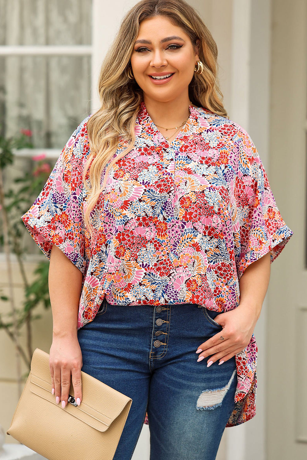 Plus Size Printed Notched Neck Half Sleeve Top - Plus Size Shirts by Trendsi | Available at Handbags Specialist Headquarter