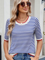 Striped Casual T-Shirt with Contrast Trim - Tops by Trendsi | Available at Handbags Specialist Headquarter