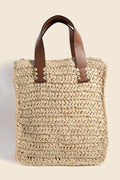 Fame Faux Leather Handle Straw Braided Handbag - Tote Bag by Trendsi | Available at Handbags Specialist Headquarter