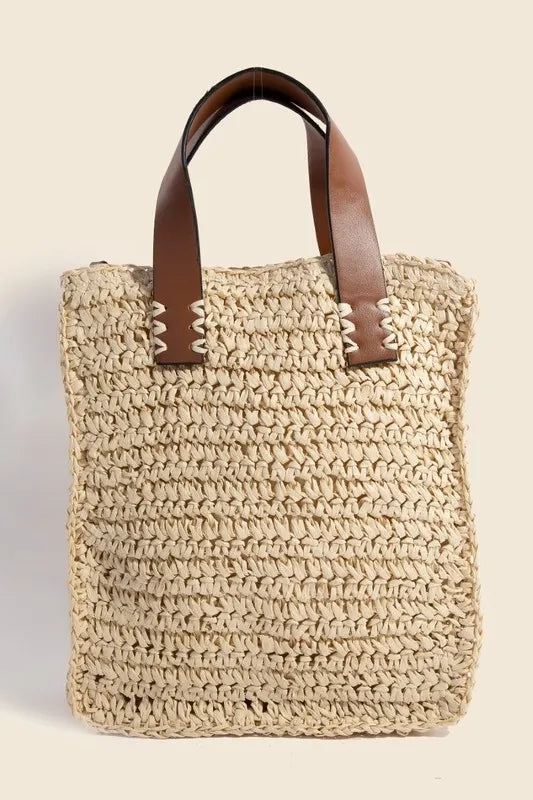 Fame Faux Leather Handle Straw Braided Handbag - Tote Bag by Trendsi | Available at Handbags Specialist Headquarter
