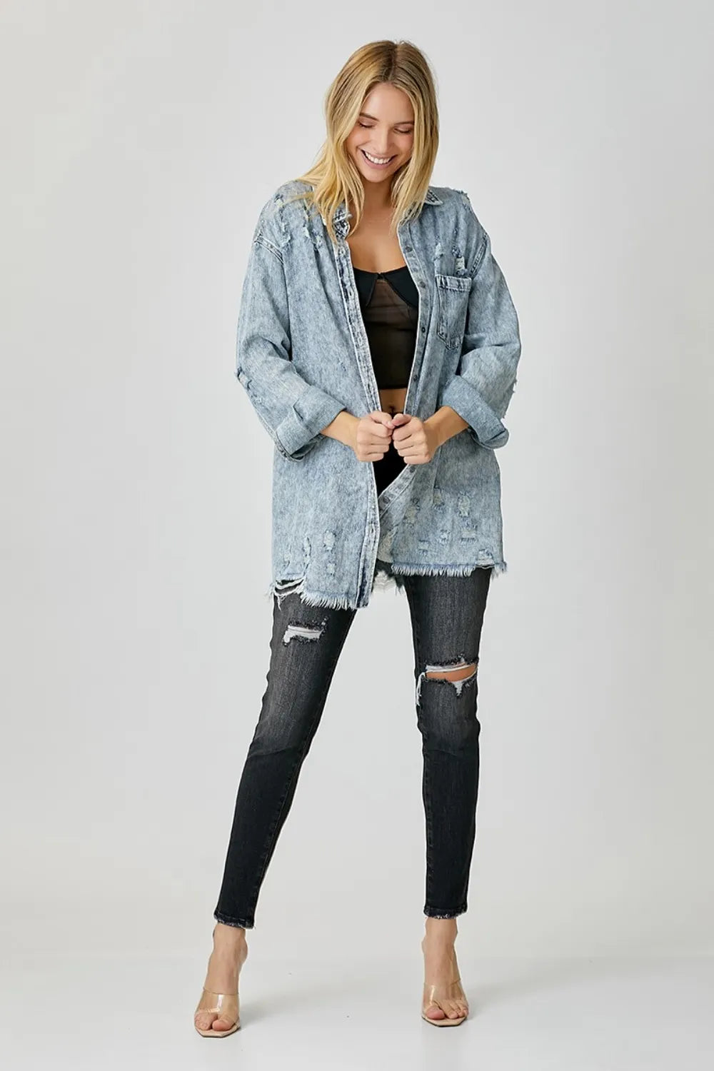 RISEN Distressed Raw Hem Denim Shirt - Women / Jeans & Denim by Trendsi | Available at Handbags Specialist Headquarter