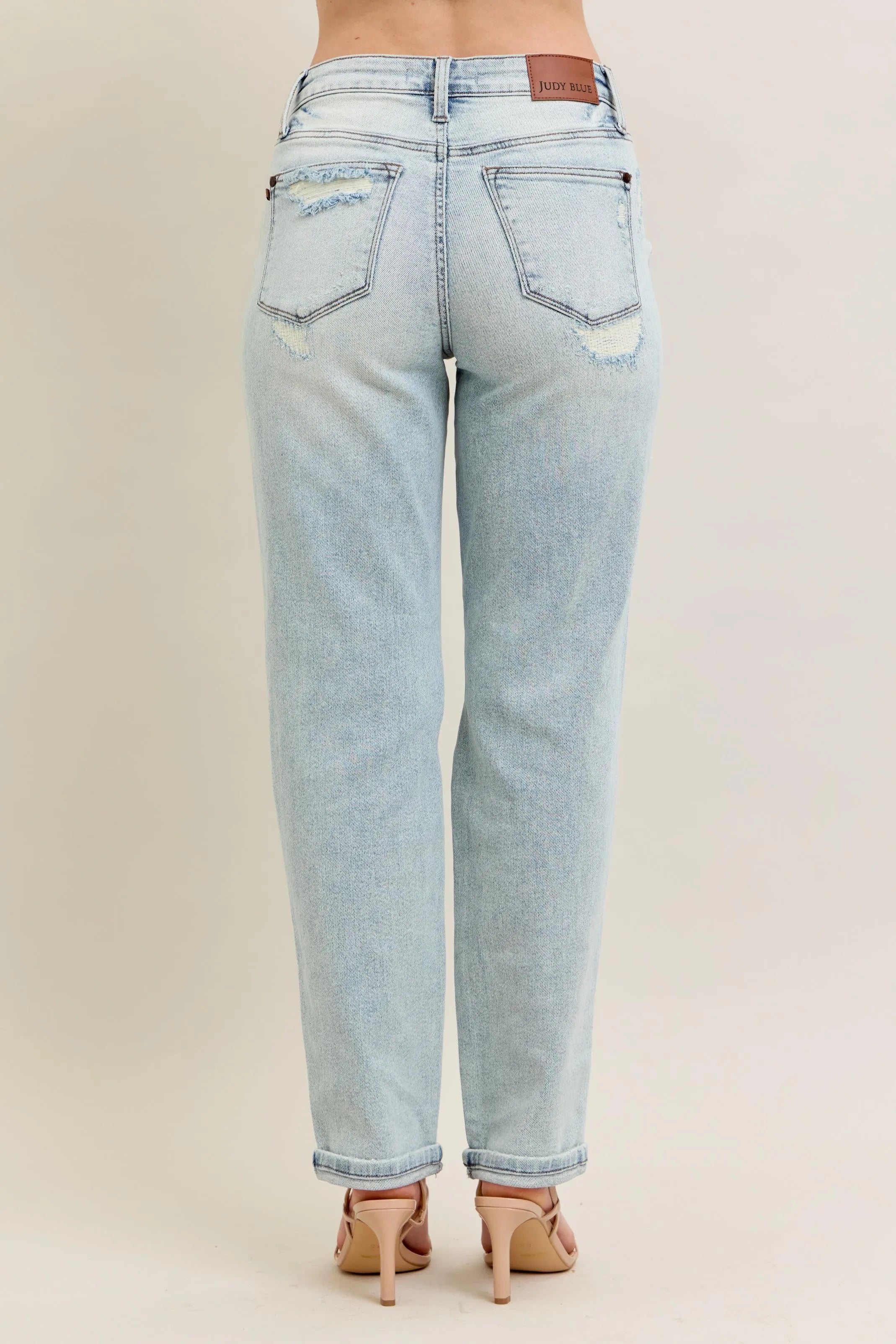 Judy Blue Full Size Mr Repair Stitch Detail Destroy Single Cuff Bf Jeans Plus Size - Women / Jeans & Denim by Trendsi | Available at Handbags Specialist Headquarter