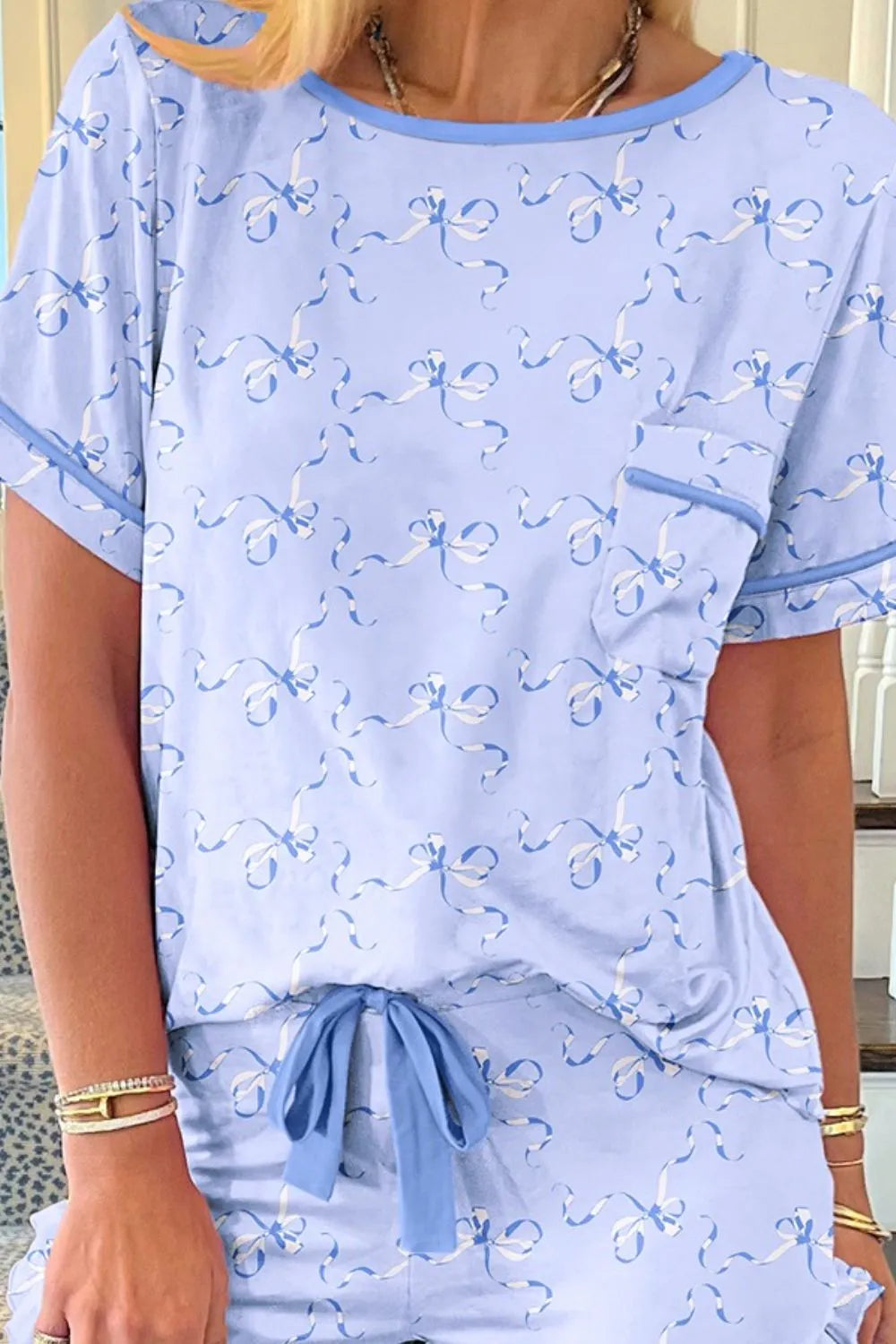 Bow Print Short Sleeve Top and Shorts Pajama Set - Sleepwear by Trendsi | Available at Handbags Specialist Headquarter