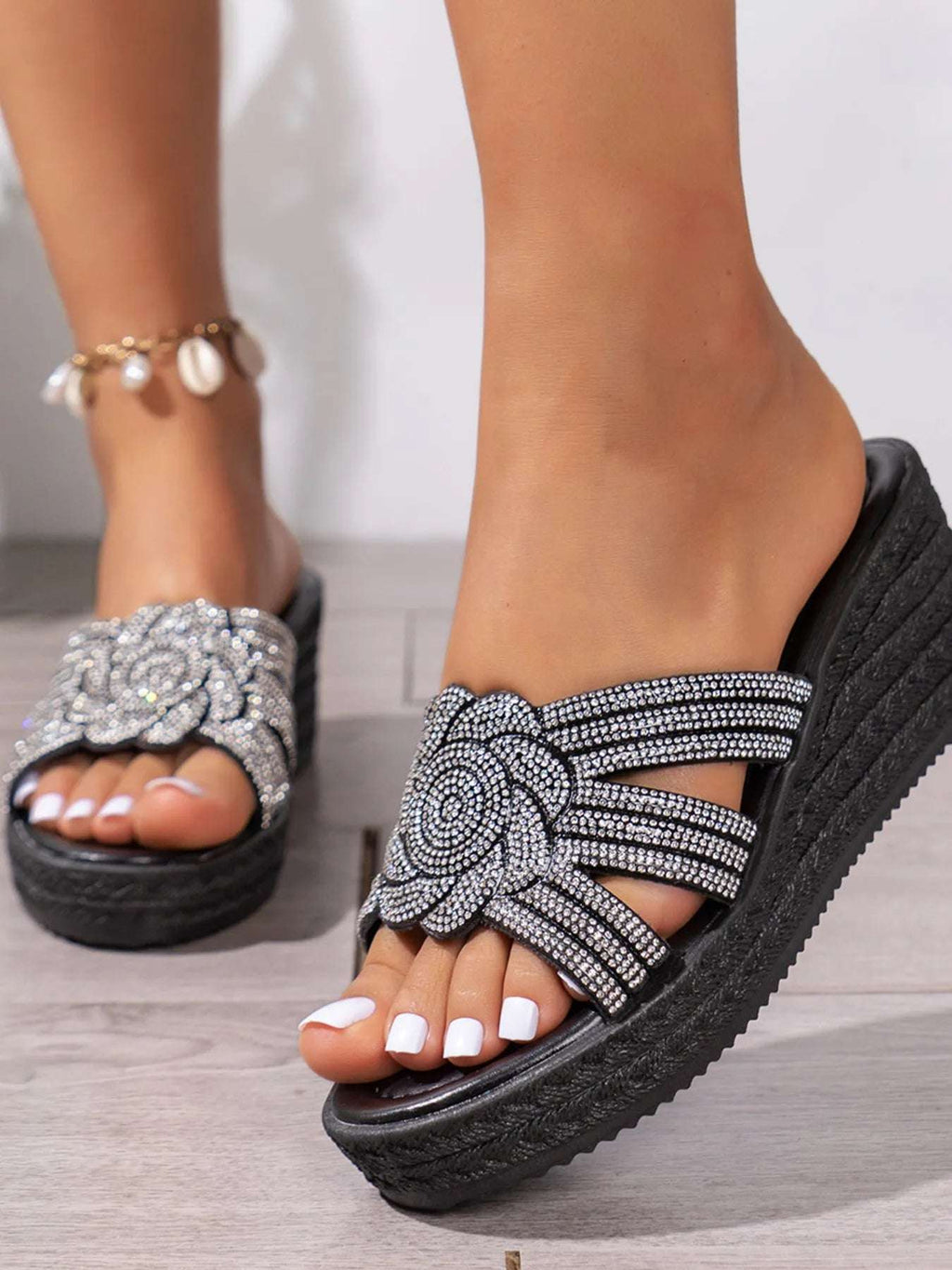 Rhinestone Embellished Open Toe Wedge Sandals - Women Sandals by Trendsi | Available at Handbags Specialist Headquarter